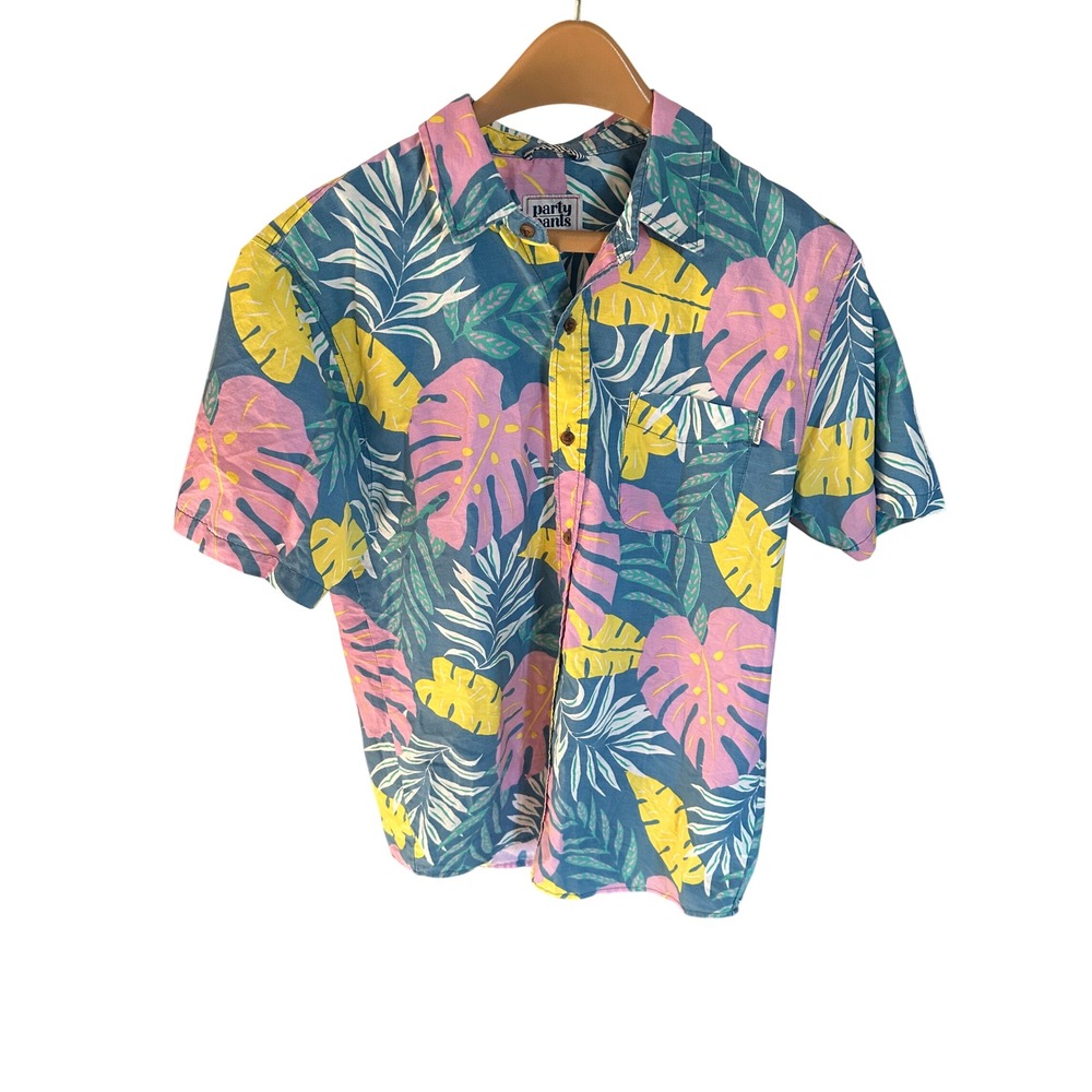 Party Pants Tropical Monstera Leaf Print‎ Button Down Hawaiian Shirt Medium